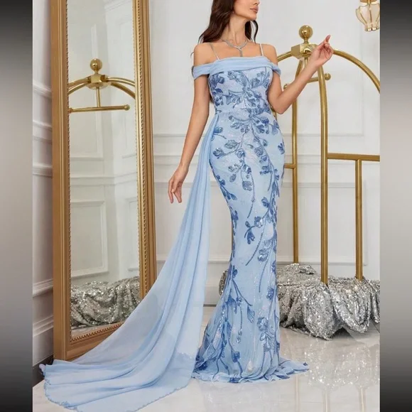 Luxe floral embroidered mermaid hem party formal one shoulder dress